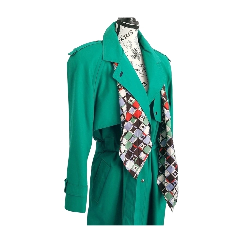 80s Vintage Emerald Spring Green Dopamine Trench Coat Maxi Lenght Size Large - Picture 7 of 13